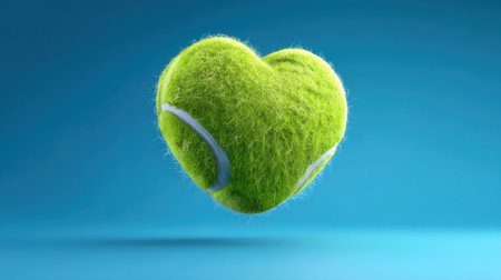 A tennis ball shaped like a heart hovers in the air, set against a vibrant blue background. This creative representation highlights love for the game and sports creativity.の素材