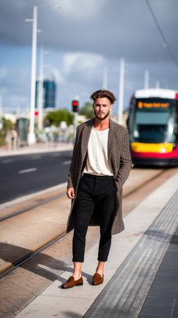 A young man dressed in a stylish coat and black pants strolls confidently along a city street beside a tram stop, enjoying a bright and sunny day.の素材