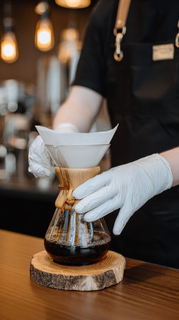 A barista in gloves carefully pours water through a filter in a Chemex coffee maker. The scene is set in a warm, inviting cafe with soft lighting.の素材