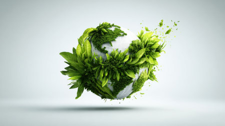 A globe covered with lush green leaves and plants symbolizes the importance of sustainability. The vibrant colors highlight the blend of nature and earth, promoting eco-conscious living.の素材