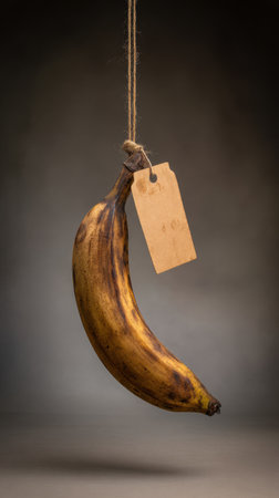 A yellow banana is suspended from a string with a wooden tag attached. The background is neutral and soft, creating an artistic and minimalist look for the banana.の素材