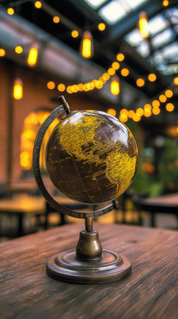 A vintage-style globe rests on a wooden table, illuminated by soft string lights in a cozy setting. The warm atmosphere highlights the charming brick walls in the background.の素材