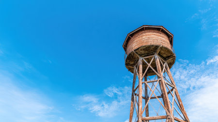 A wooden water tower rises above the surrounding landscape, bathed in sunlight. The clear blue sky creates a serene backdrop while fluffy clouds drift by.の素材