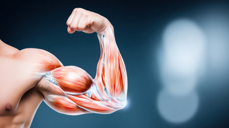 A muscular human arm is flexed to highlight well-defined muscles, set against a soft blue background that emphasizes strength and fitness.の素材