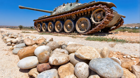 A military tank sits abandoned on a dirt road, surrounded by pebbles under a blue sky. The landscape is dry, and the scene captures a sense of stillness and history.の素材