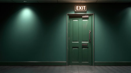 In a calm hallway, a bright green exit door stands prominently. The surroundings are dim, enhancing the mysterious vibe of the location and enticing curiosity about what lies beyond.の素材