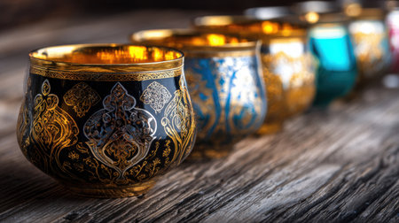 Beautifully crafted glass tea cups display intricate designs, reflecting warm light. They are lined up on a wooden table, creating an inviting atmosphere for a tea ceremony.の素材