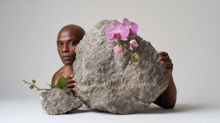A man holds large stones adorned with vibrant orchids, creating a striking contrast between natural elements and human presence. The artwork symbolizes harmony and connection.の素材
