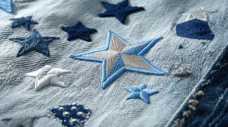 Creative denim fabric showcases intricate star embroidery in blue and silver tones. This unique design offers endless possibilities for stylish clothing and crafts.の素材
