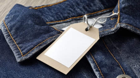 A denim shirt with a neatly folded collar displays a blank tag on a wooden surface, suggesting it is ready for sale or labeling. The stitching is highlighted, adding detail.の素材