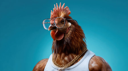A chicken with glasses and a gold chain strikes a bold pose. Its muscular body is dressed in a white tank top, exuding a cool and confident vibe against a blue backdrop.の素材