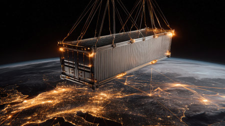 A cargo container is suspended in space with a background of Earth illuminated at night. The glowing city lights of Europe and connectivity lines enhance the scenes technological feel.の素材