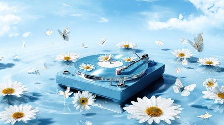 A bright blue turntable sits on the surface of clear water, surrounded by white daisies and fluttering butterflies under a sunny sky. The atmosphere is peaceful and vibrant.の素材