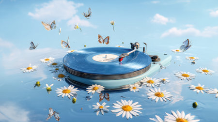 A blue vinyl record player floats on calm water, surrounded by daisies and colorful butterflies. The scene is bright and cheerful with a clear blue sky overhead.の素材