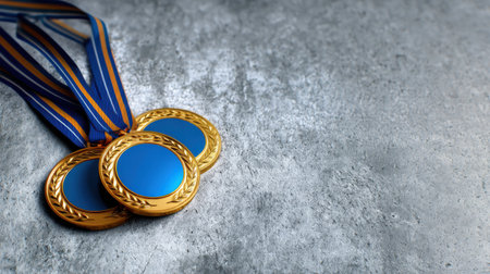 Three gold medals with blue centers are laid on a rough gray surface. The medals feature ribbons in blue and orange, symbolizing success in a recent competition or event.の素材