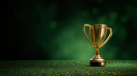 A shiny golden trophy stands proudly against a rich green background. It symbolizes victory and achievement, perfect for celebrating accomplishments in competitions or special events.の素材