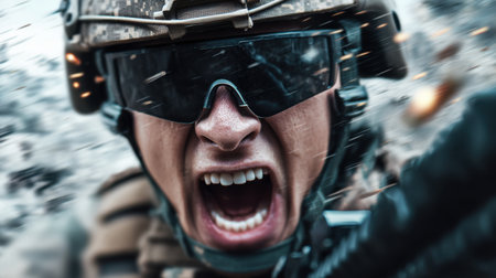 A soldier, wearing tactical gear and sunglasses, yells fiercely amidst a chaotic battlefield with flying debris and gunfire. The scene captures the urgency of combat.の素材