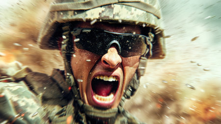 A soldier in combat gear screams passionately as explosions and debris surround him. This moment captures the intensity and chaos of a battlefield scene.の素材