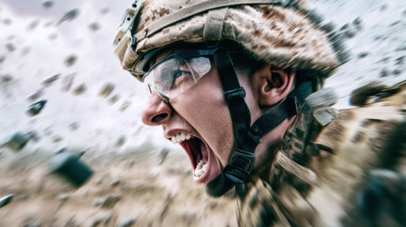 A soldier in full gear yells fiercely amid chaos on the battlefield. Dust and debris surround him, conveying urgency and intense action during a military operation.の素材
