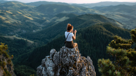 A woman sits on a rock ledge, using her camera to capture stunning views of green hills and valleys as the sun sets, creating a serene and picturesque scene.の素材