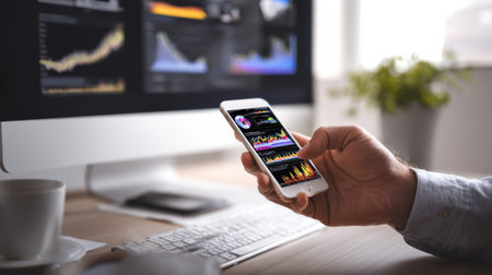 A person is engaged in analyzing financial trends on their smartphone while seated at a desk. A computer screen displays various graphs and data. A cup of coffee sits nearby.の素材