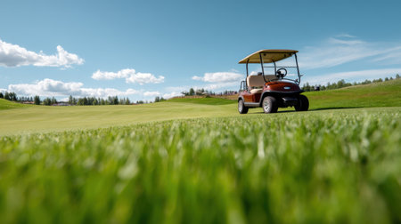 A red golf cart is parked on a well-maintained green fairway surrounded by trees and open sky. The scene captures a peaceful moment on the golf course, ideal for playing.の素材