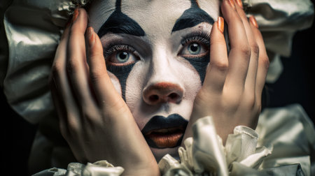 A clown performer with striking makeup shows deep emotion by holding their face with both hands. The dark background enhances the dramatic effect of the performance.の素材
