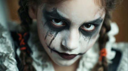 A young child dressed in spooky attire has extensive face makeup that makes them look eerie. Their braided hair and serious expression enhance the Halloween spirit.の素材