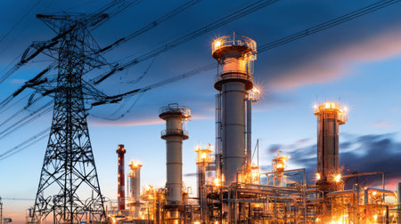 A power plant stands at dusk with its tall smokestacks illuminated by warm lights. Electric towers rise beside it against a vibrant sky filled with clouds.の素材