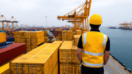 A worker in yellow safety gear stands near a stack of bright yellow cargo containers at a bustling harbor. Overcast skies loom above the busy shipping area.の素材