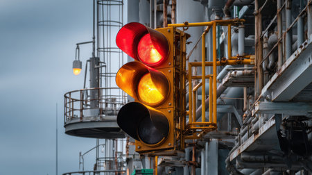 A traffic light with red and yellow signals hangs above a busy intersection. The clouds are gray and the dim light adds to the evening atmosphere.の素材