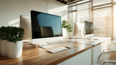 Bright office space features multiple computers and plants. Large windows allow natural light to fill the area, creating a productive atmosphere for work.の素材