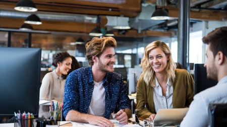 A group of young professionals engages in a brainstorming session in a modern office. Laughter and discussion fill the air as they share ideas with enthusiasm.の素材