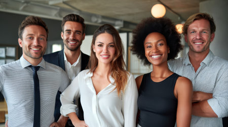 Five diverse young professionals stand together in a bright, modern office space. They are smiling and dressed in smart casual attire, showcasing team spirit and collaboration.の素材