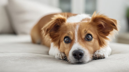 A brown and white dog lazily rests on a couch, looking curiously at the camera. The soft fabric and warm lighting create a relaxed atmosphere.の素材