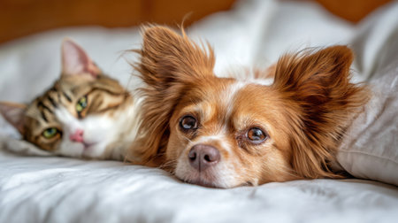 A playful dog and a calm cat lie side by side on soft bedding, enjoying a peaceful moment in a warm, inviting room filled with natural light.の素材