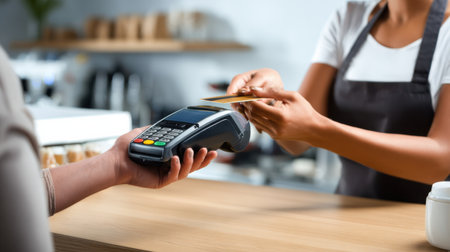 A customer hands a credit card to a barista at a cafe while a payment terminal is ready. The atmosphere is bright and welcoming, showcasing an engaging interaction.の素材