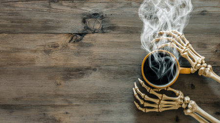 A pair of skeleton hands tightly grip a steaming cup of coffee, creating a spooky yet cozy atmosphere on a rustic wooden table. Perfect for autumn vibes or Halloween.の素材