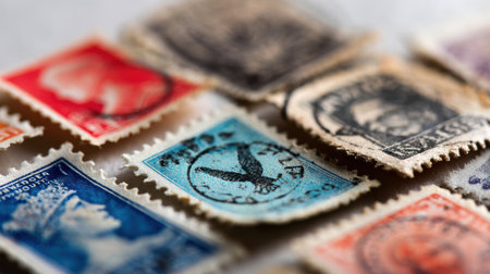A close-up view of an assorted collection of vintage postage stamps featuring colorful designs and historical figures. Each stamp showcases intricate details and textures.の素材