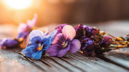 Arranged colorful flowers lay on a rustic wooden surface as the warm sunset light highlights their vivid shades. The evening atmosphere creates a peaceful and calm feeling.の素材