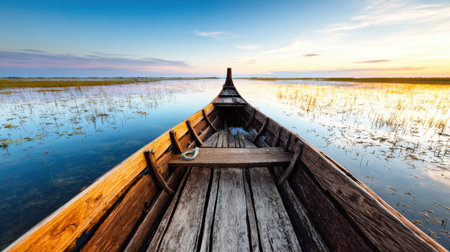 A wooden boat floats on a calm lake during sunset, reflecting vibrant colors in the water. Lush grass lines the shore, creating a peaceful atmosphere in nature.の素材