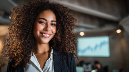 A confident woman with curly hair stands in a sleek office. Behind her, financial charts display upward trends, suggesting a productive work environment. She exudes professionalism and positivity.の素材
