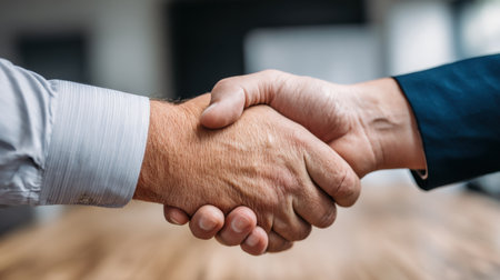 Two individuals shake hands as a sign of agreement in a contemporary office. Natural light fills the room, emphasizing professionalism and collaboration.の素材