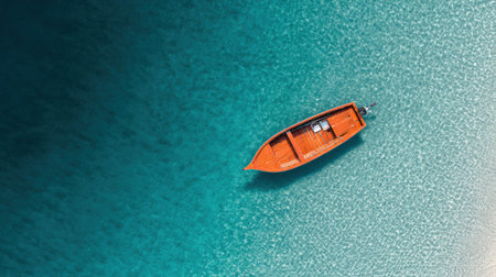 A wooden boat floats peacefully on clear turquoise waters, surrounded by a sandy beach under bright sunlight. The serene scene captures a moment of tranquility in nature.の素材