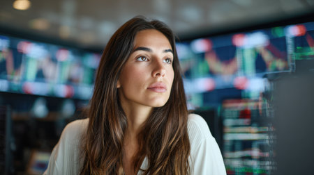 In a bustling trading room, a focused woman analyzes financial data displayed on multiple screens. She appears deep in thought as market trends fluctuate around her.の素材