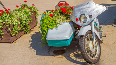 Vintage motorbike parked in the street, with flowers in pots