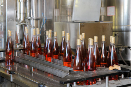 Bottles of rose wine on the production line of a winery.の写真素材