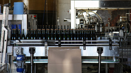 Bottles of sparkling wine on a conveyor belt at a wine factory.