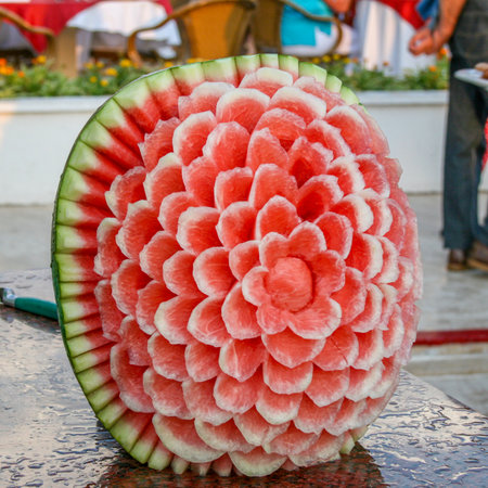 Watermelon carving art with floral design.の写真素材