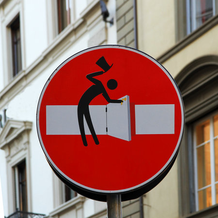 Creative No Entry Sign with Door and Gentleman Street Artの写真素材